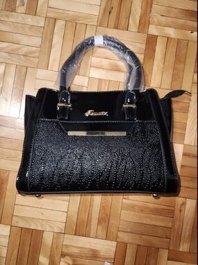 Women’s Black Patent Tote Handbag with Rhinestone Detail